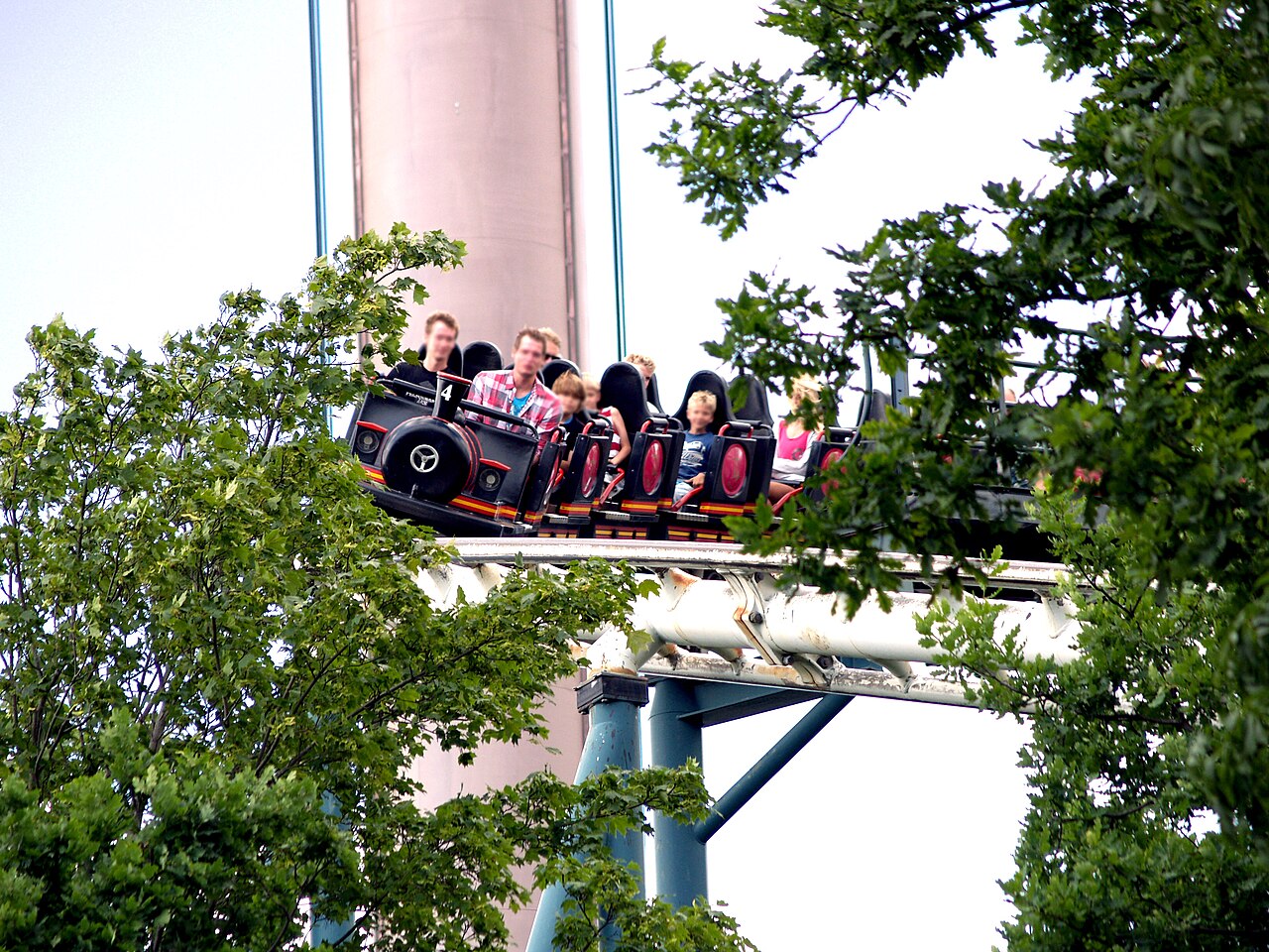 Lisebergbanan train with the Liseberg tower in the background