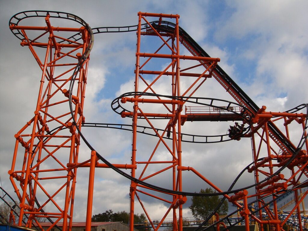 Mumbo Jumbo roller coaster's orange structure and beyond-vertical drop at Flamingo Land