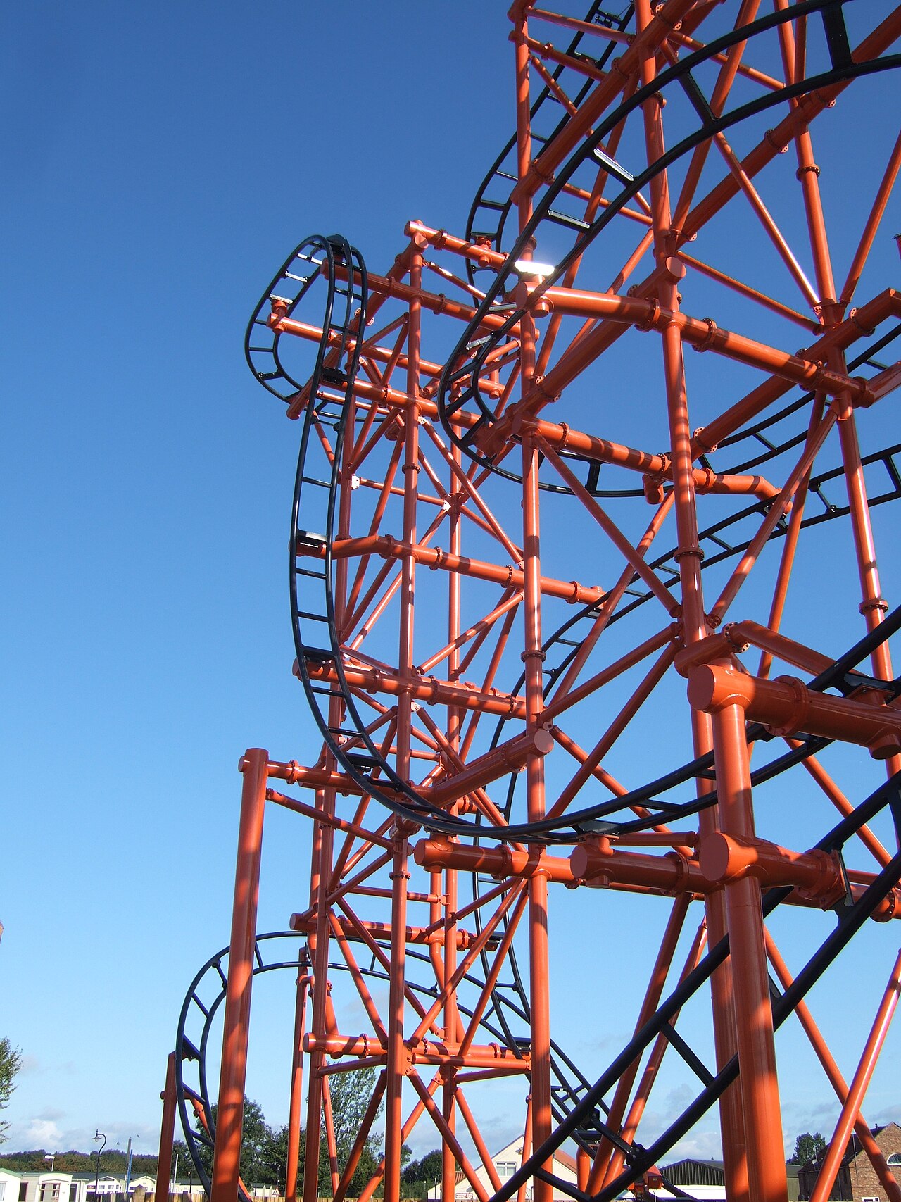 Close-up of Mumbo Jumbo's 112-degree beyond-vertical drop at Flamingo Land