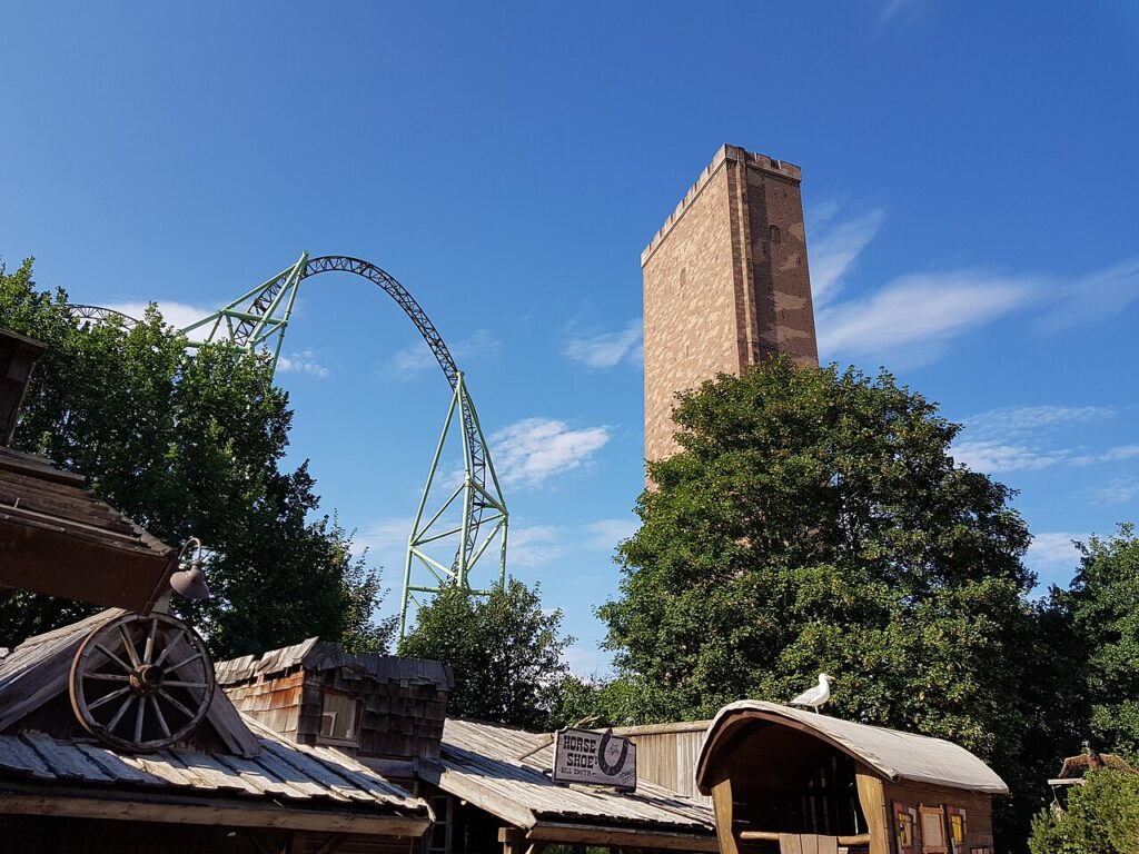 The Oath of Kärnan hyper coaster and its brick tower at Hansa Park, Germany
