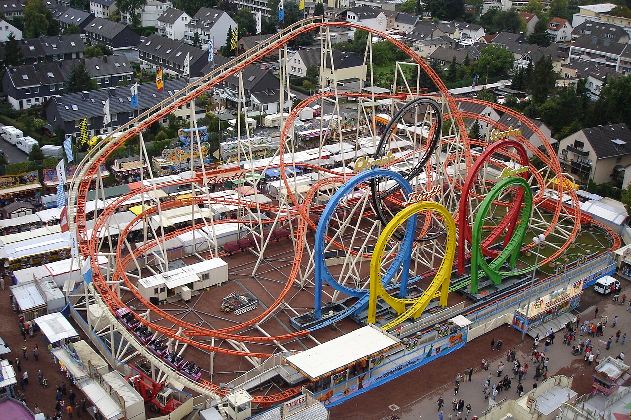 Aerial view of Olympia Looping's complete layout with its five Olympic-ring loops seen from a Ferris wheel