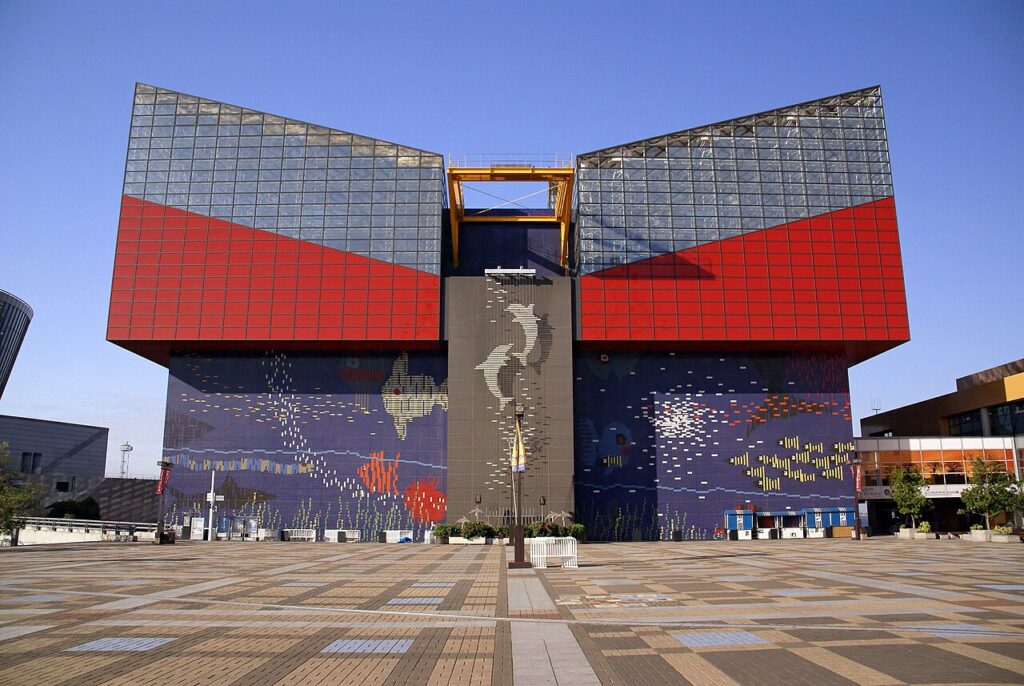 Exterior of Osaka Aquarium Kaiyukan with its red and blue tiled facade