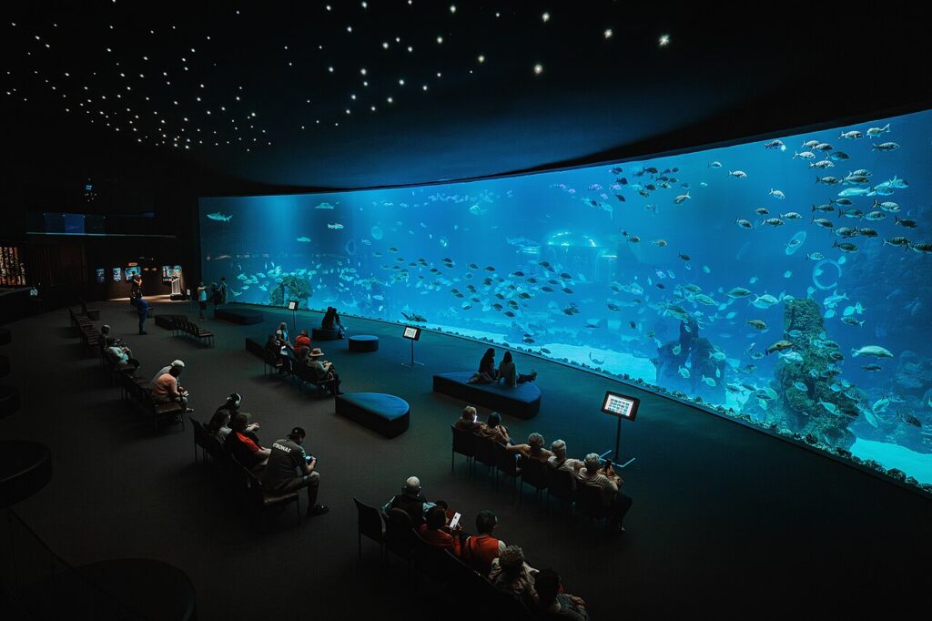 The giant curved window of the Deep Sea tank at Poema del Mar aquarium, Gran Canaria