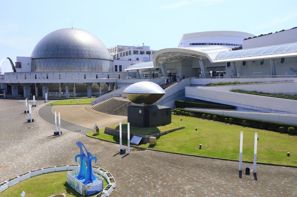 Exterior of the Port of Nagoya Public Aquarium with its silver dome, Nagoya, Japan