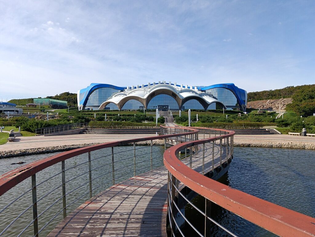 The shell-shaped main building of the Primorsky Oceanarium on Russky Island, Vladivostok