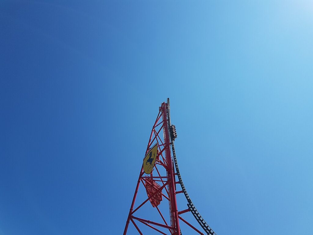 Red Force roller coaster tower at Ferrari Land, PortAventura World