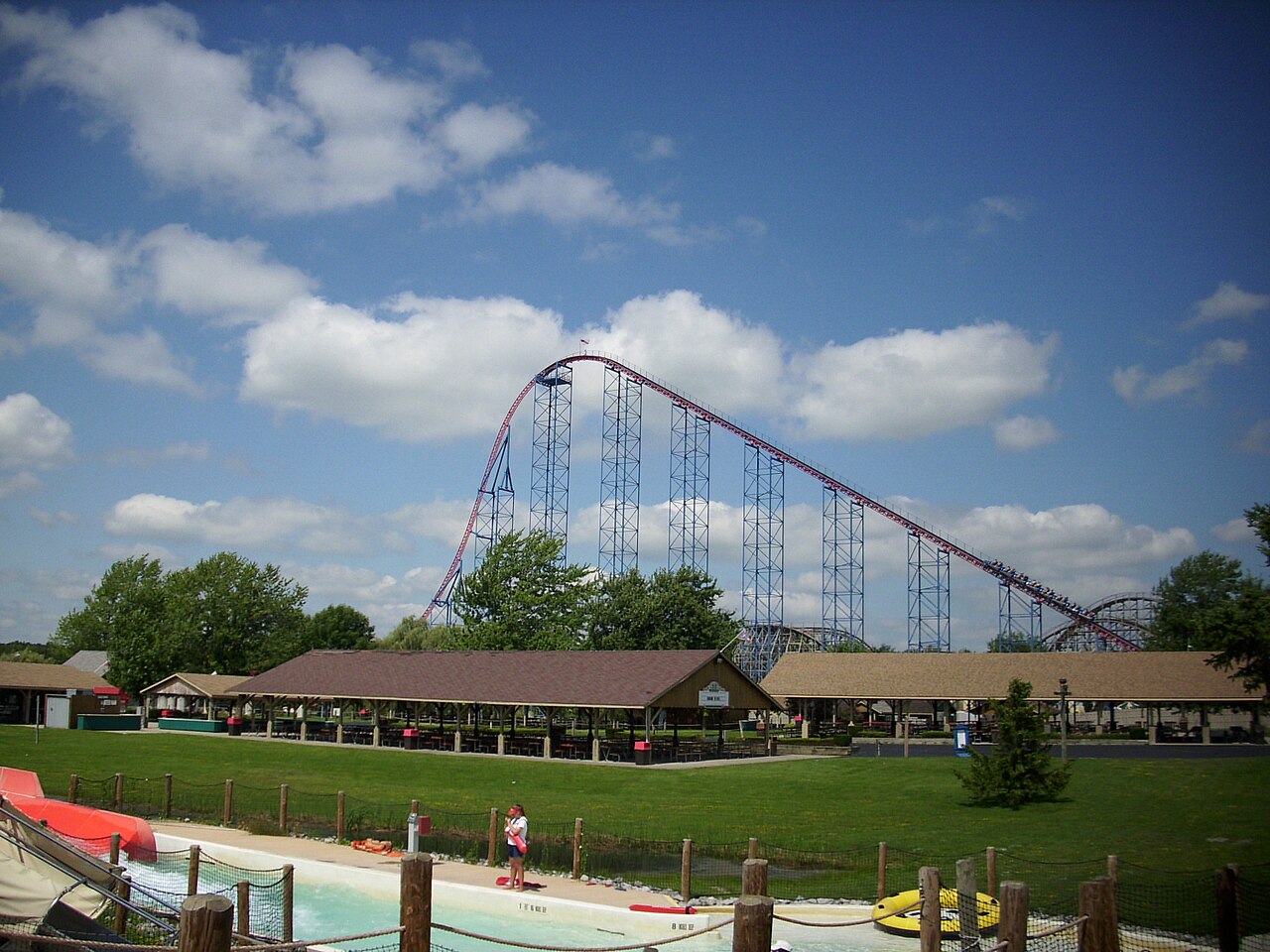 Ride of Steel's 208-foot first hill towering over Six Flags Darien Lake