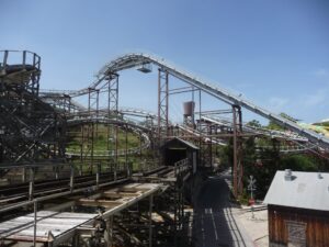 Road Runner Express mine train coaster track and lift hill at Six Flags Fiesta Texas