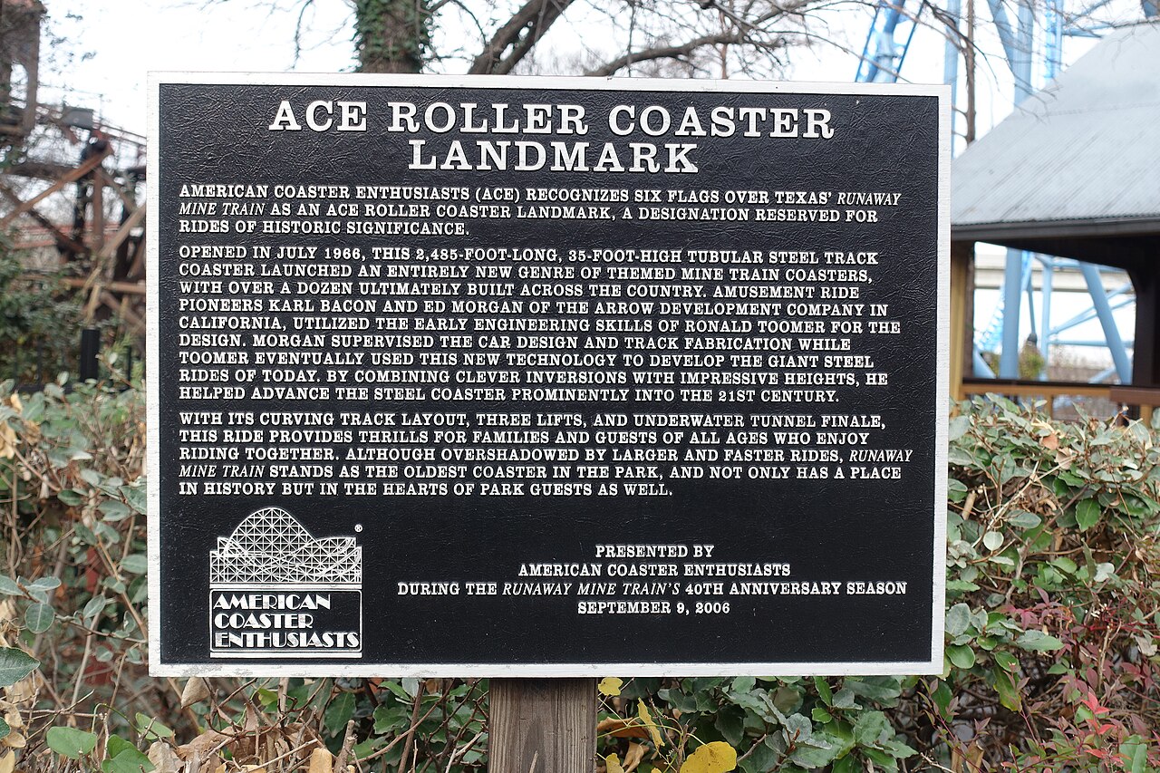ACE Roller Coaster Landmark plaque for Runaway Mine Train at Six Flags Over Texas