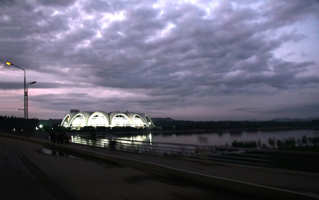 Exterior of the Rungrado 1st of May Stadium in Pyongyang with its 16-arch scalloped roof