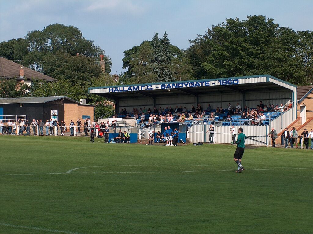 The main stand at Sandygate Road, home of Hallam FC, Sheffield