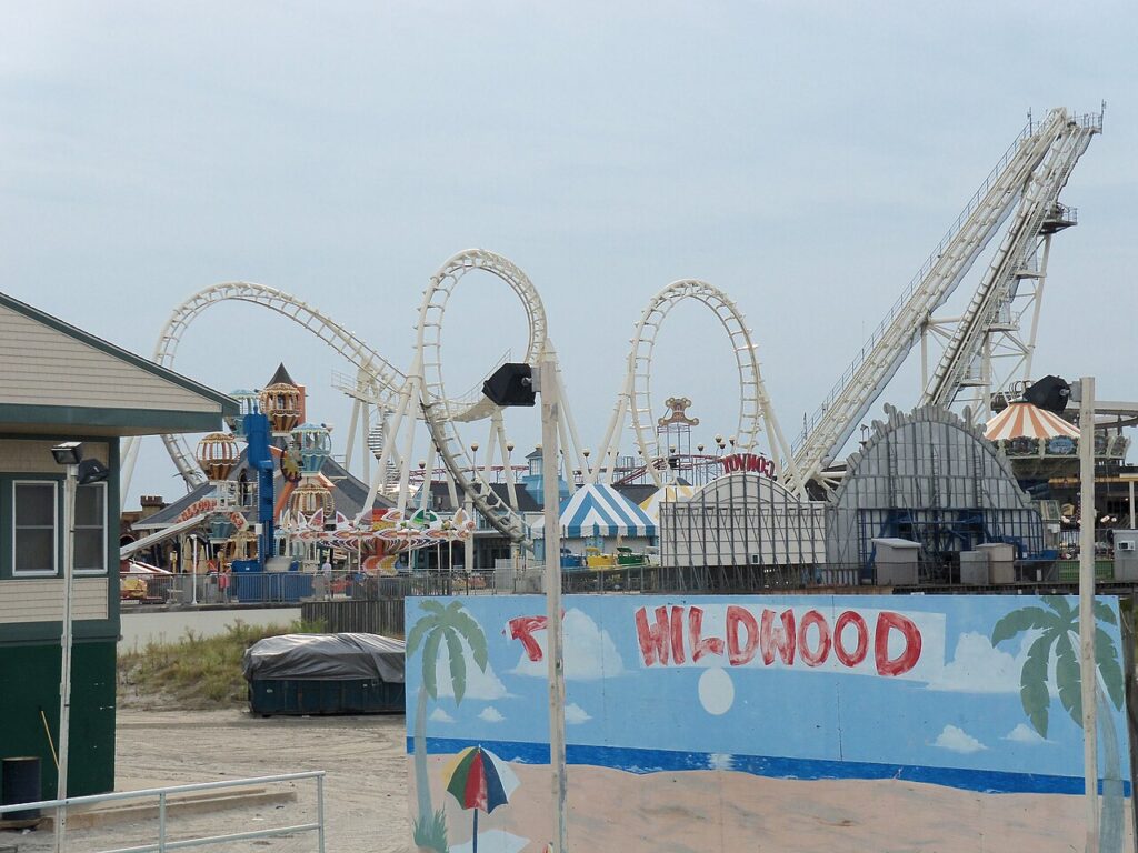 Sea Serpent Vekoma Boomerang roller coaster at Morey's Piers seen from the Wildwood boardwalk