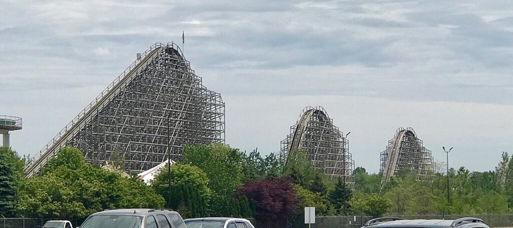 Shivering Timbers wooden roller coaster at Michigan's Adventure