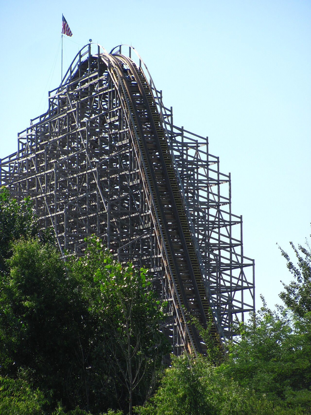 Shivering Timbers' 125-foot first hill at Michigan's Adventure