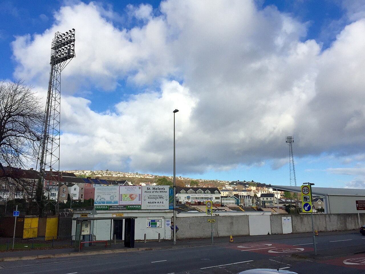Exterior of St Helen's ground, Swansea, with floodlight pylon