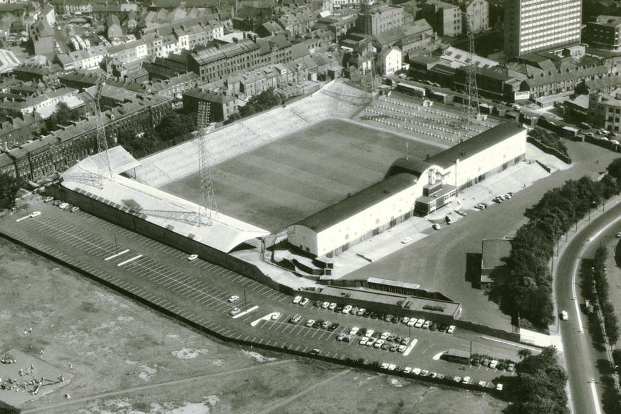 Black and white aerial photograph of St James Park, Newcastle upon Tyne, in July 1963