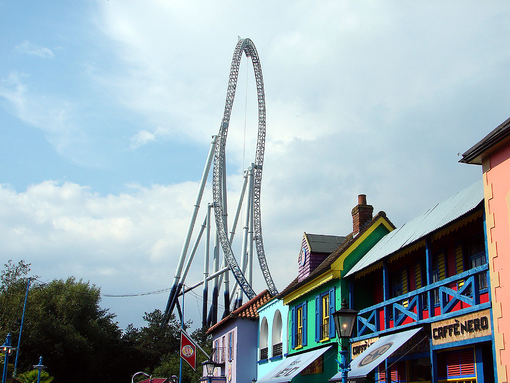 Stealth roller coaster train climbing the top hat at Thorpe Park
