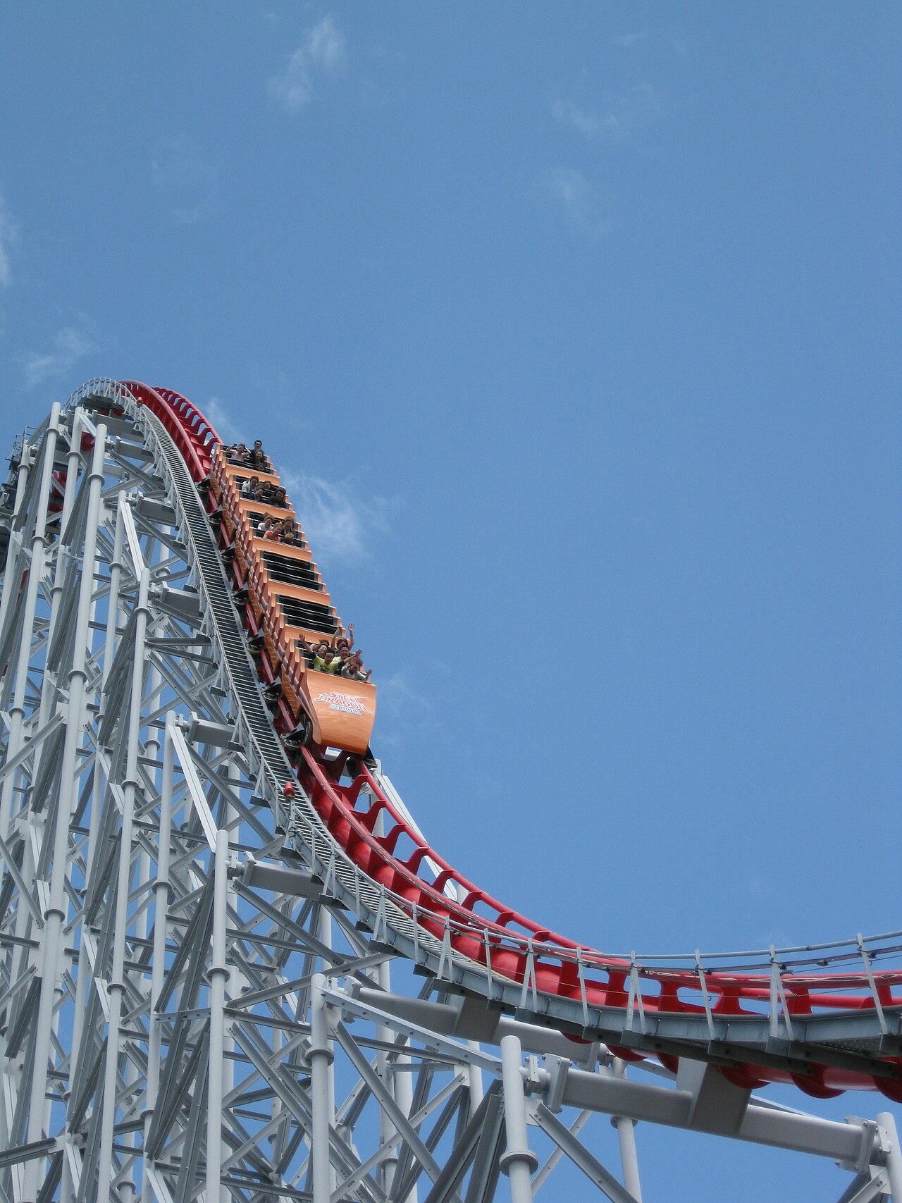 Steel Dragon 2000 train cresting the first drop at Nagashima Spa Land