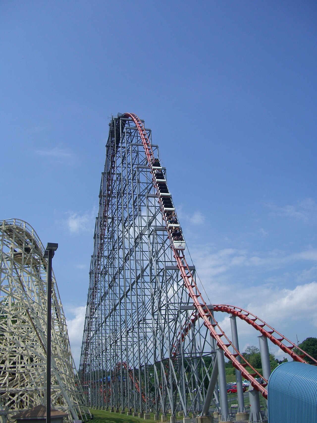 Steel Force's 205-foot first drop at Dorney Park with Thunderhawk alongside