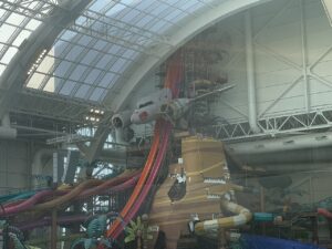 DreamWorks Water Park slide complex under construction beneath the American Dream dome