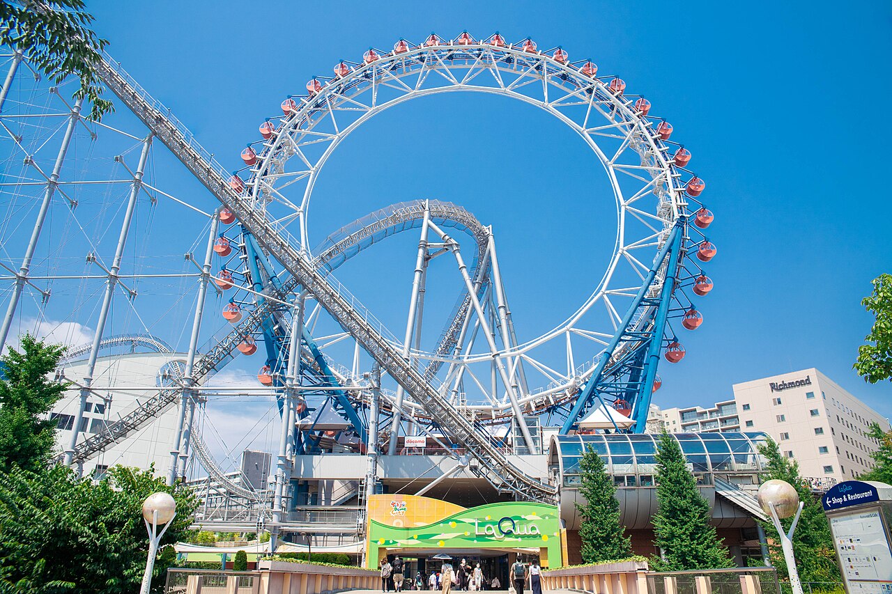Thunder Dolphin's track threading through the Big O centerless Ferris wheel at Tokyo Dome City