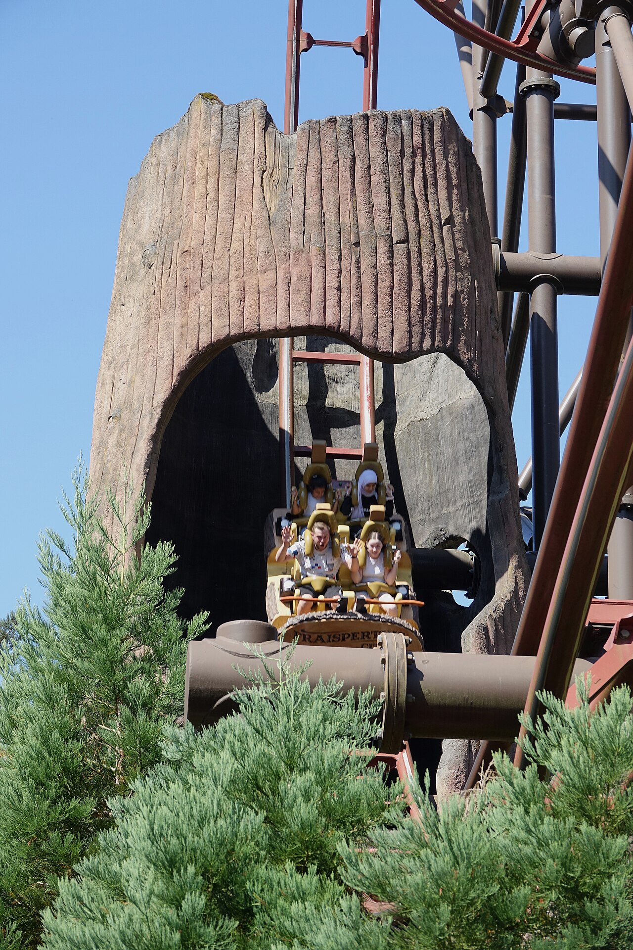Timber Drop's four-seat car diving past the giant artificial tree trunk at Fraispertuis-City