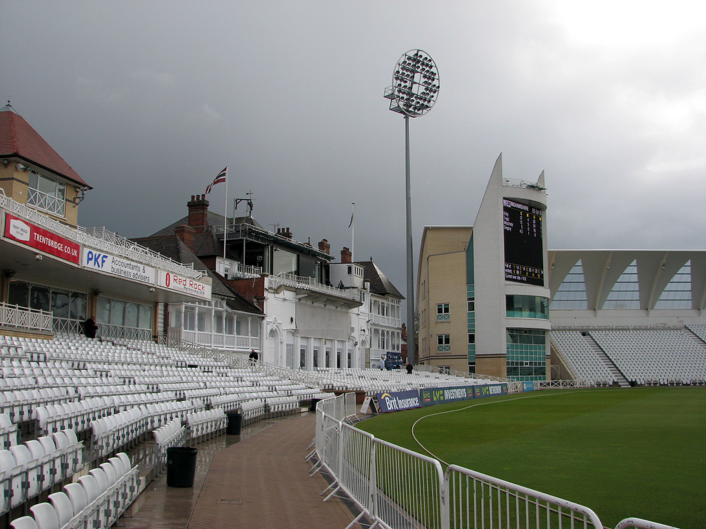The Victorian pavilion at Trent Bridge, angled towards the wicket