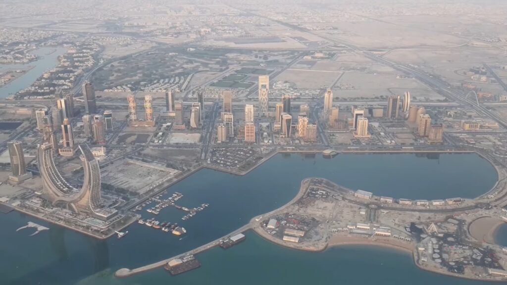 Aerial view of Lusail, Qatar, with the Qetaifan Islands where Meryal Waterpark and the Vertigo slide are located