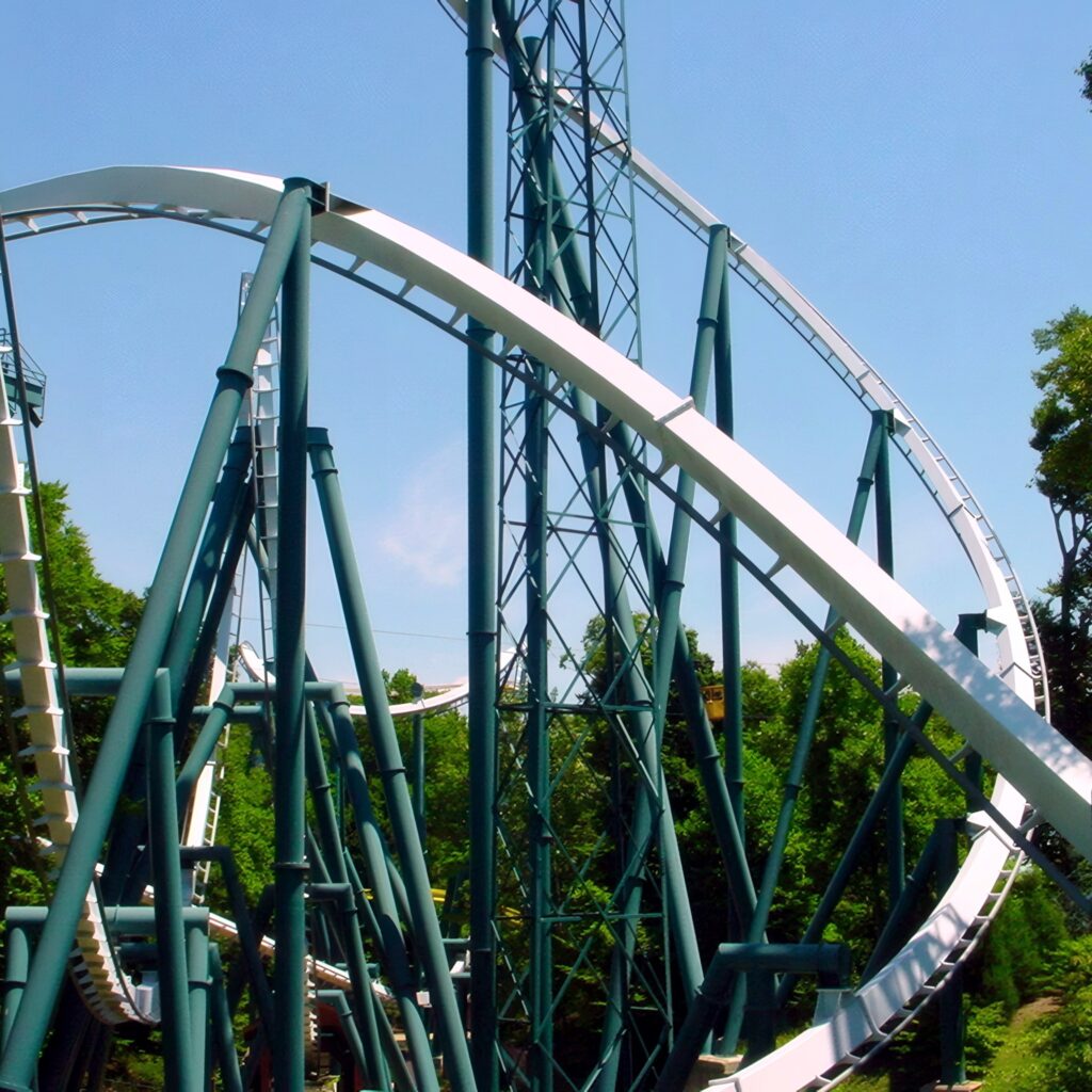 Alpengeist inverted roller coaster at Busch Gardens Williamsburg: the twisting first drop through its supports