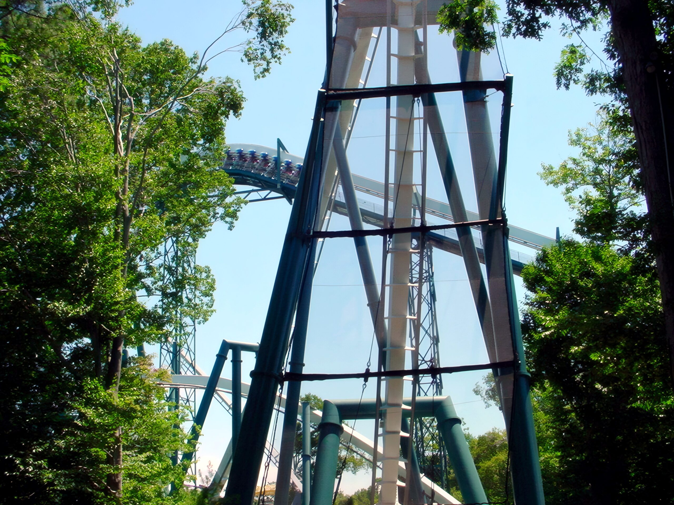 Alpengeist's lift hill and supports from the midway, July 2001