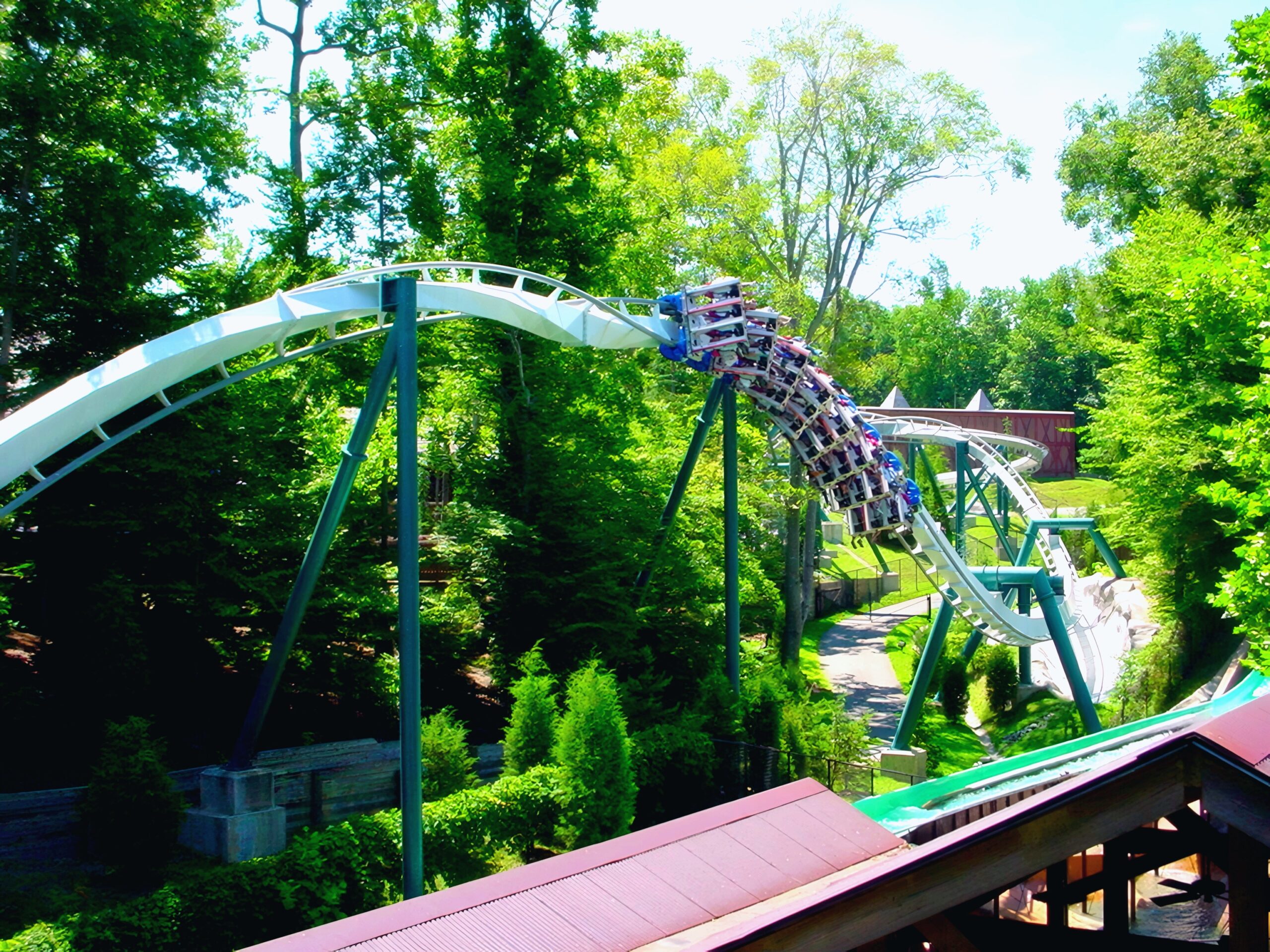 Alpengeist's track sweeping over the Bavarian village rooftops at Busch Gardens Williamsburg