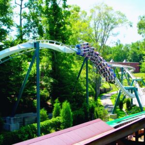 Alpengeist's track sweeping over the Bavarian village rooftops at Busch Gardens Williamsburg