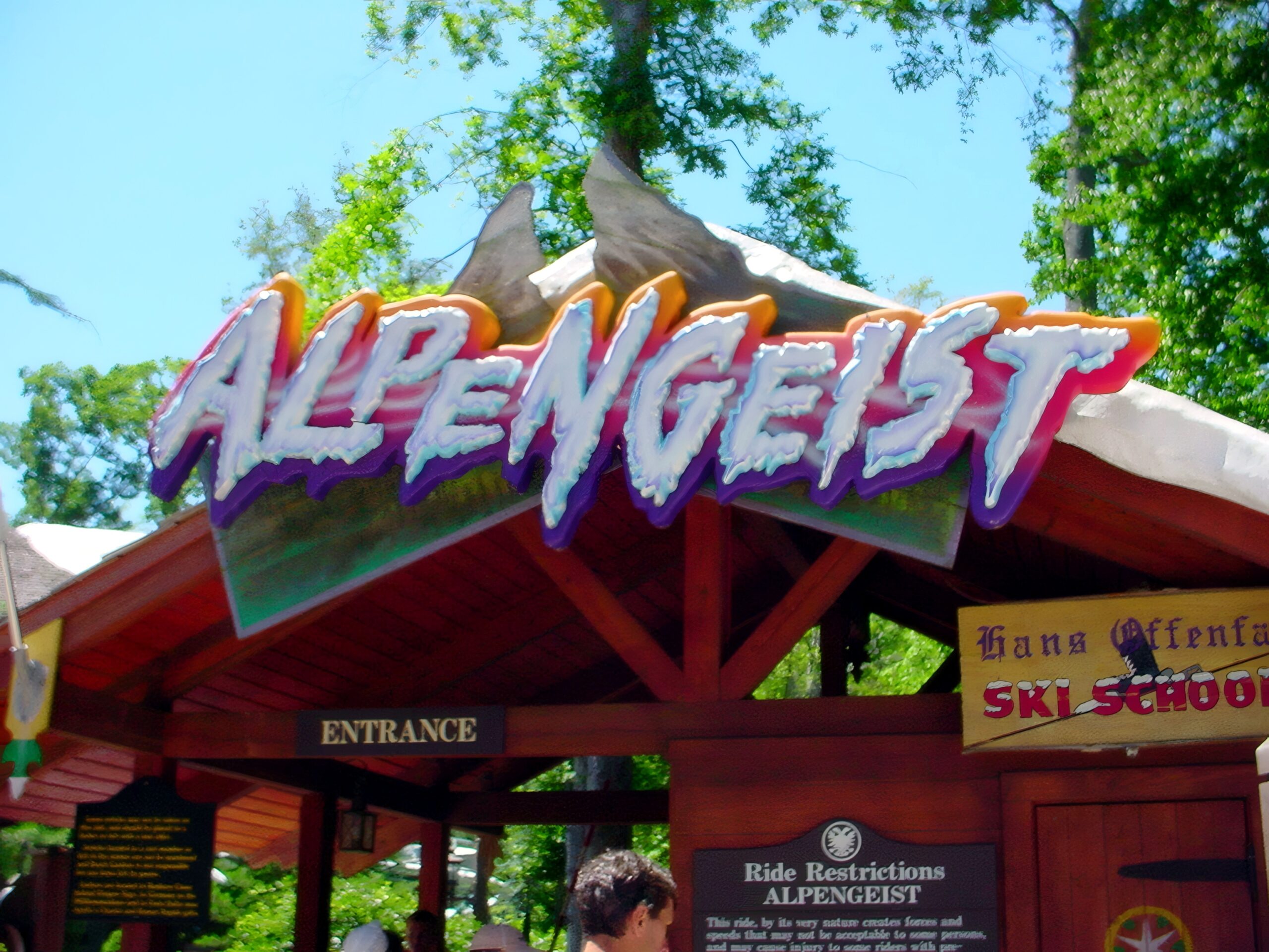 The Alpengeist ski-lodge entrance sign at Busch Gardens Williamsburg, July 2001