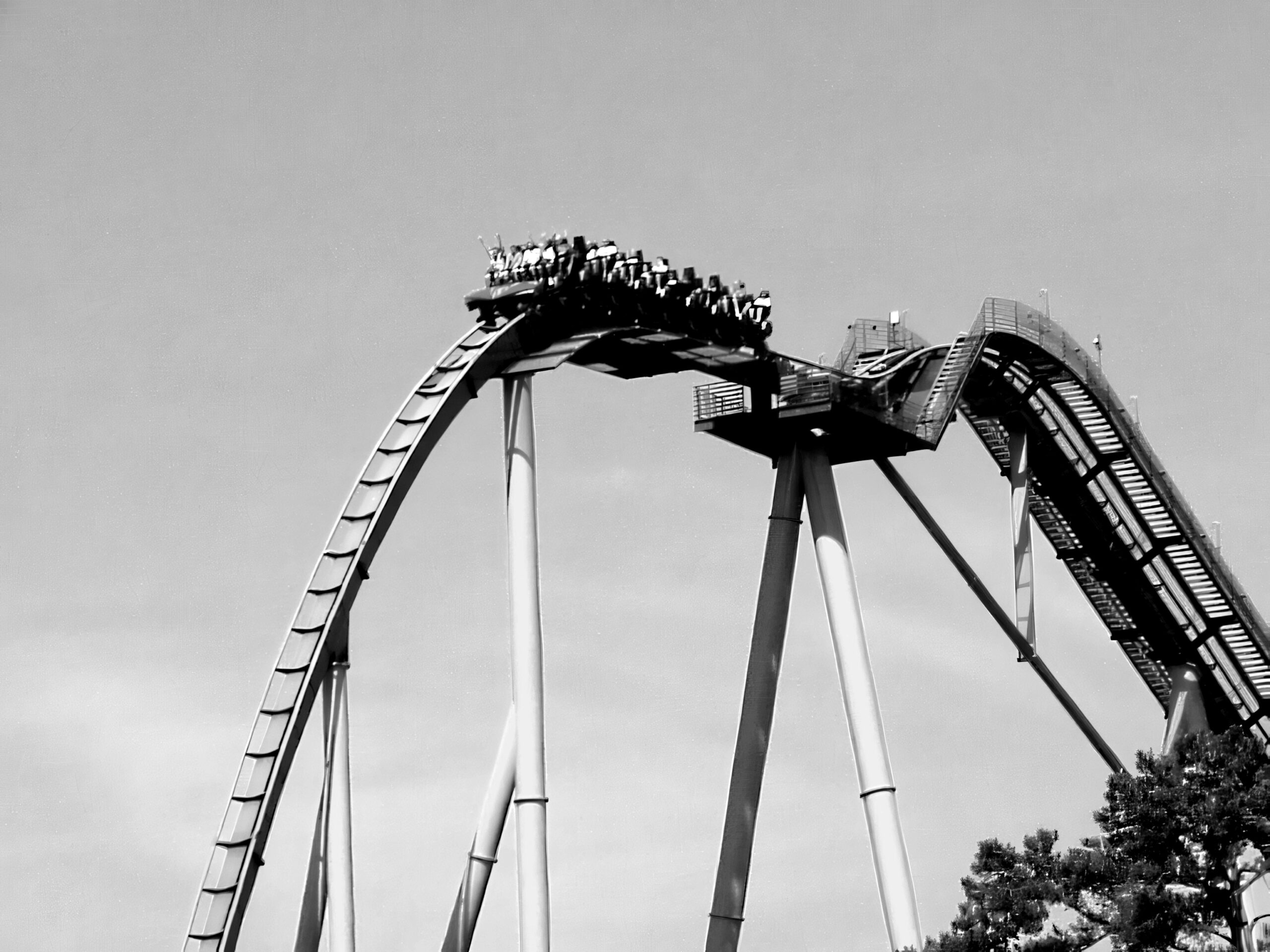 An Apollo's Chariot train over the crest of the lift hill, starting the first drop at Busch Gardens Williamsburg, in black and white