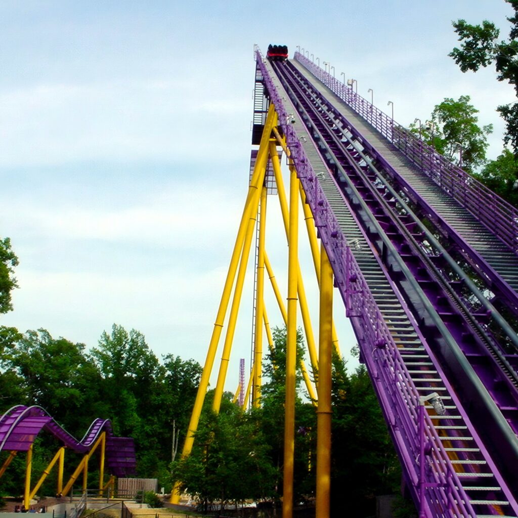 Apollo's Chariot hyper coaster at Busch Gardens Williamsburg: the 170-foot lift hill and yellow supports from below