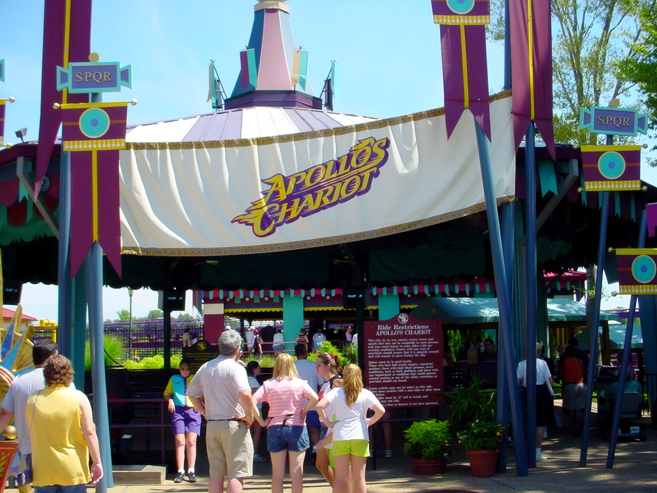 The Apollo's Chariot entrance sign and queue at Busch Gardens Williamsburg, July 2001