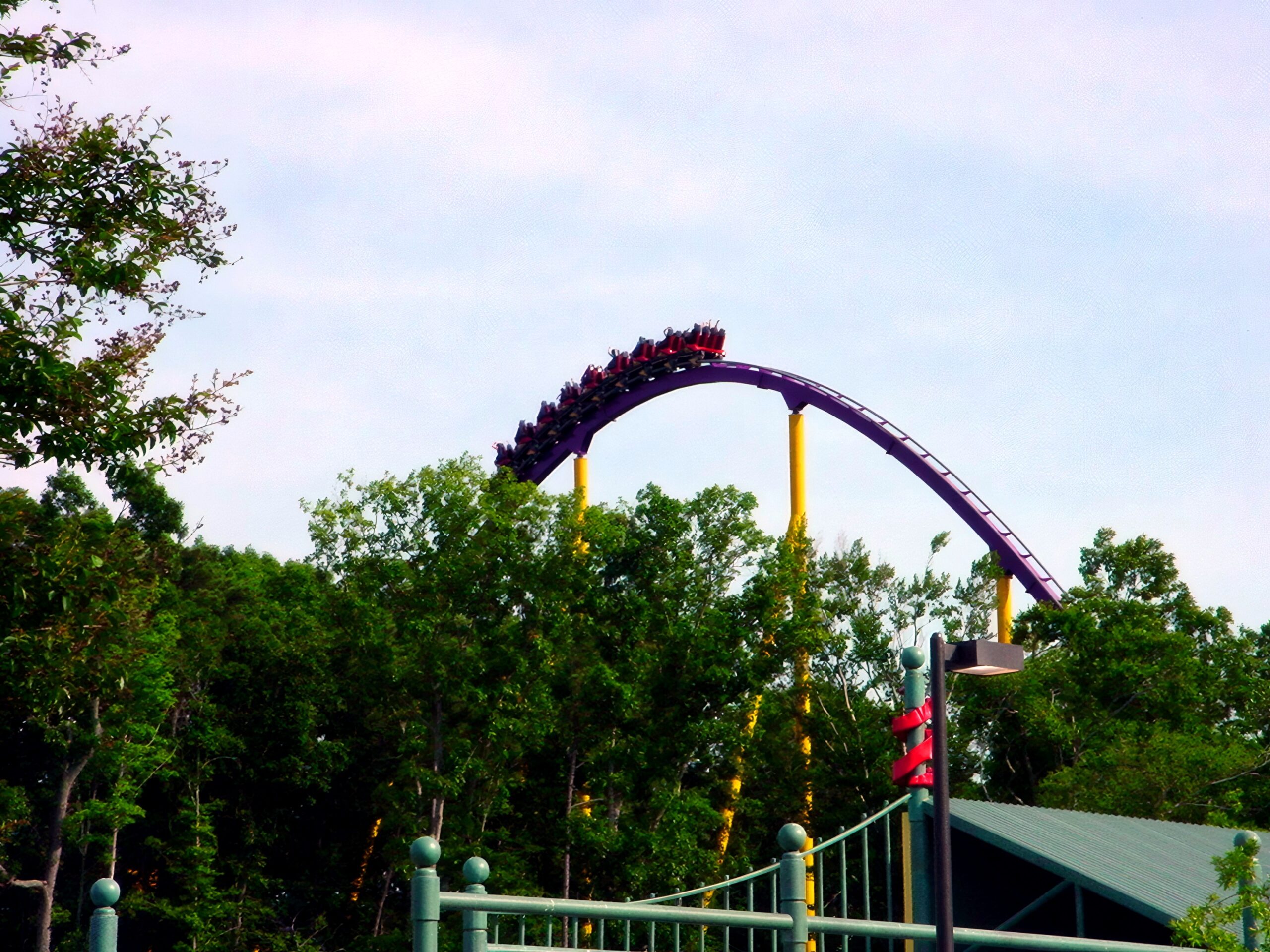 An Apollo's Chariot train cresting a purple hill in the woods, July 2001