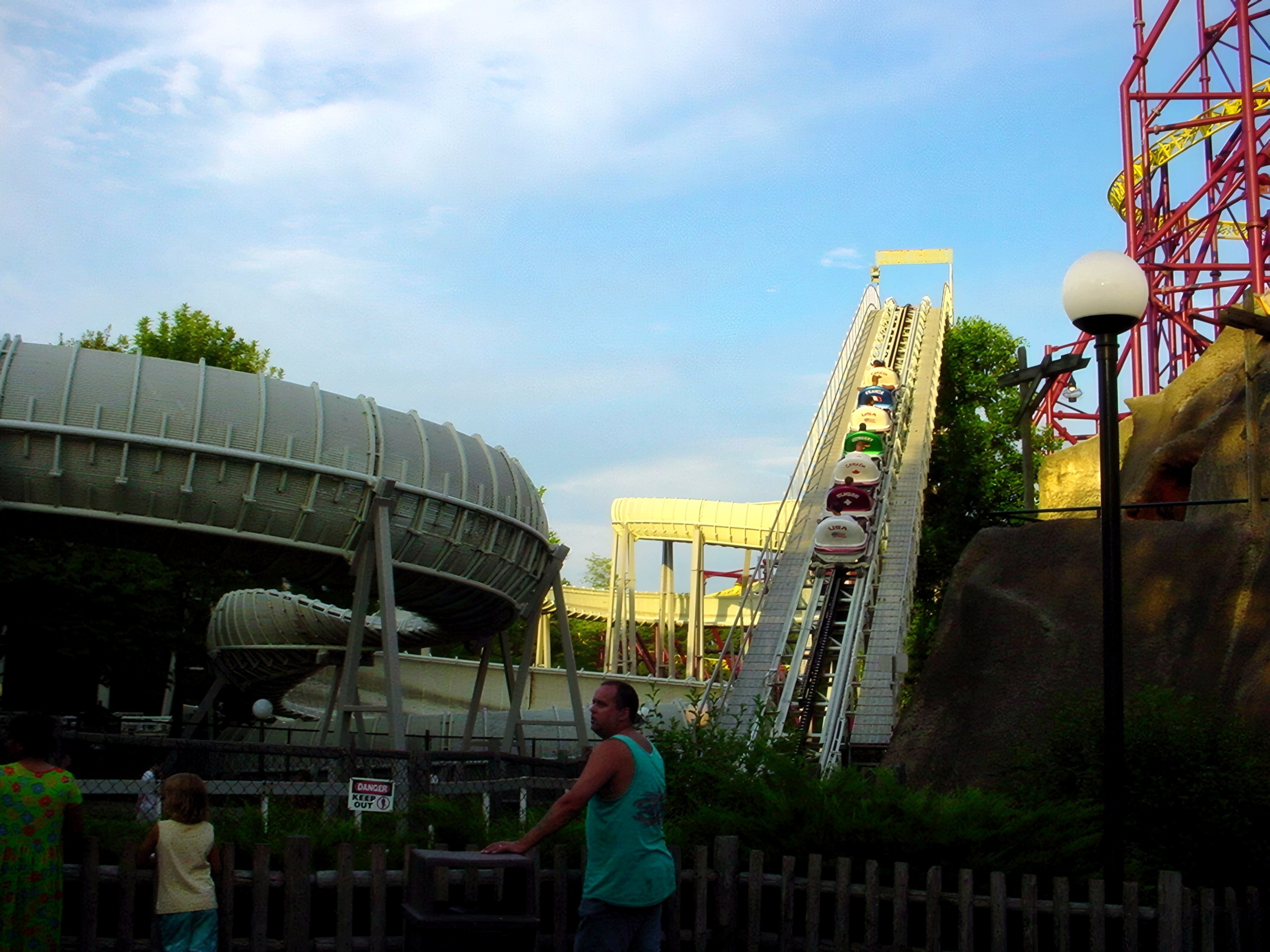 An Avalanche train climbing the lift hill beside the bobsled trough at Paramount's Kings Dominion, July 2001
