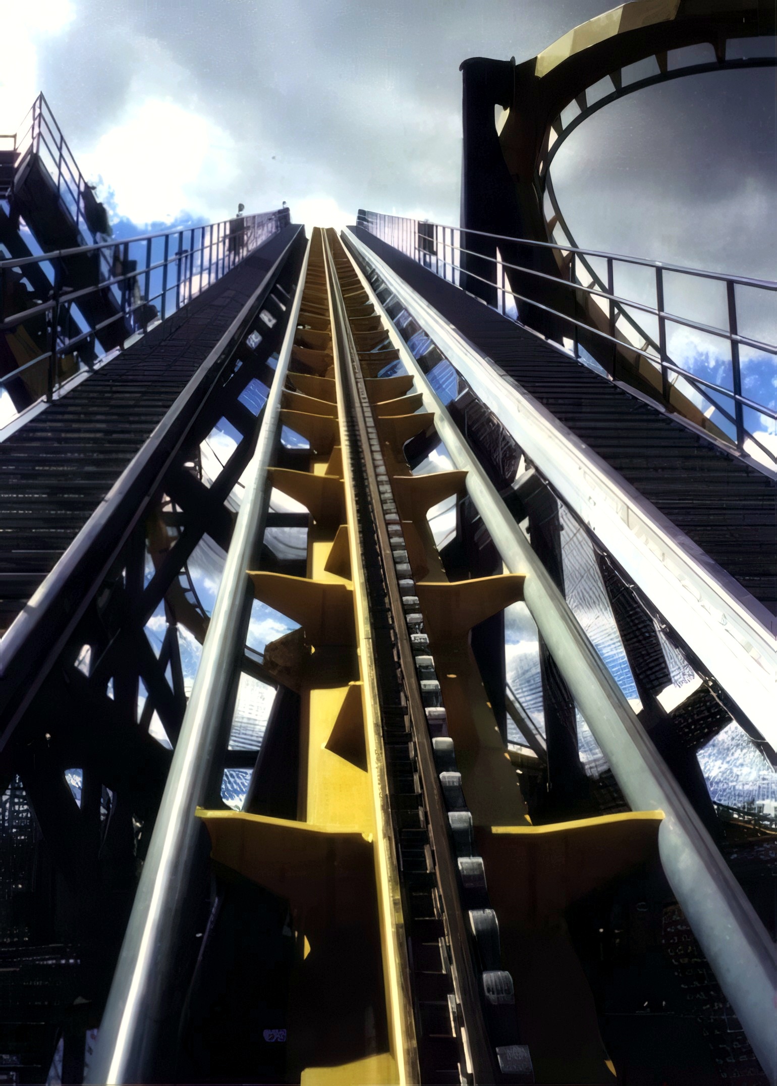Looking down Batman Knight Flight's first drop from the train at Geauga Lake, May 2000