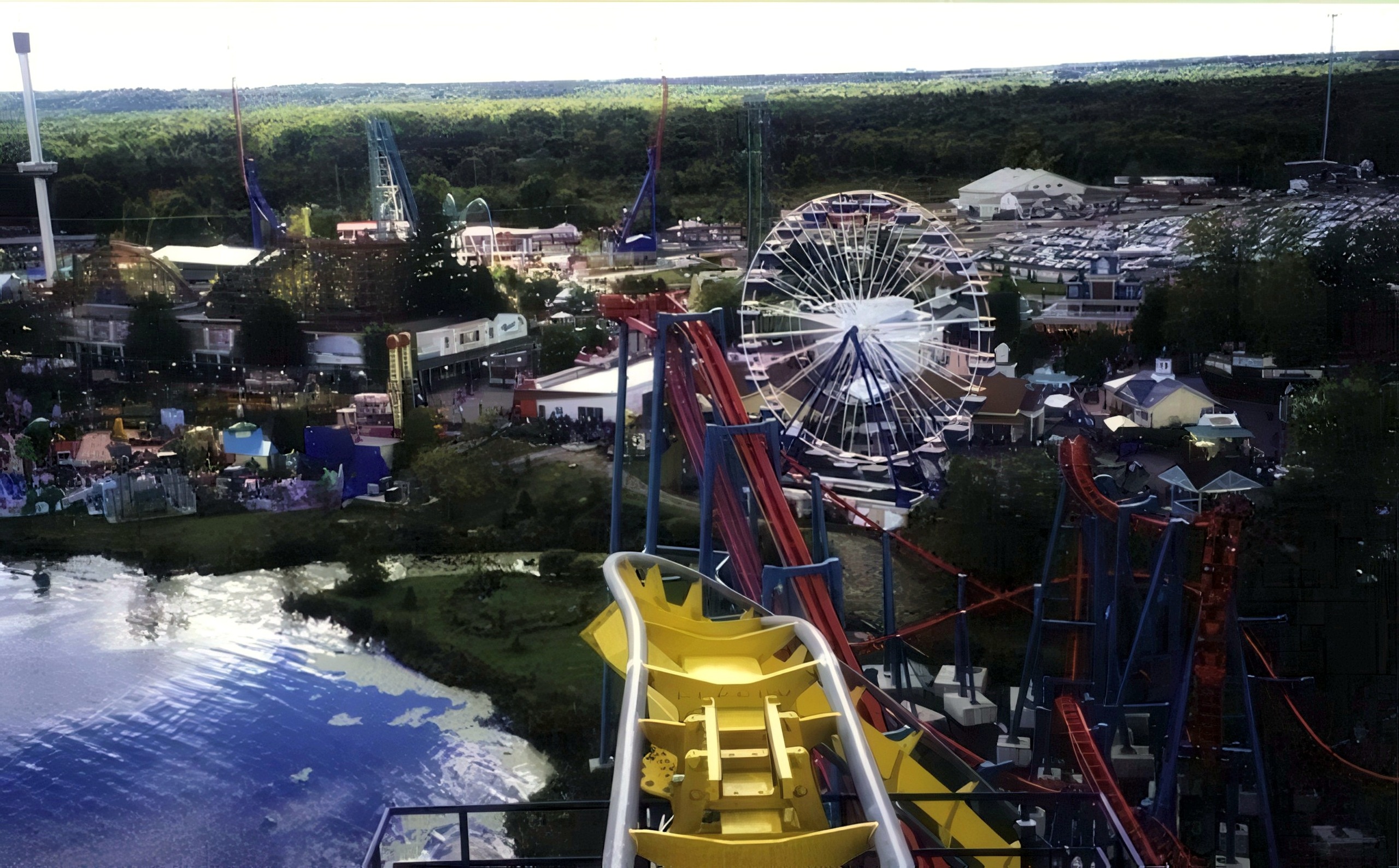 The first drop of Batman Knight Flight from the front row, looking over the lake and park at Geauga Lake, 2000
