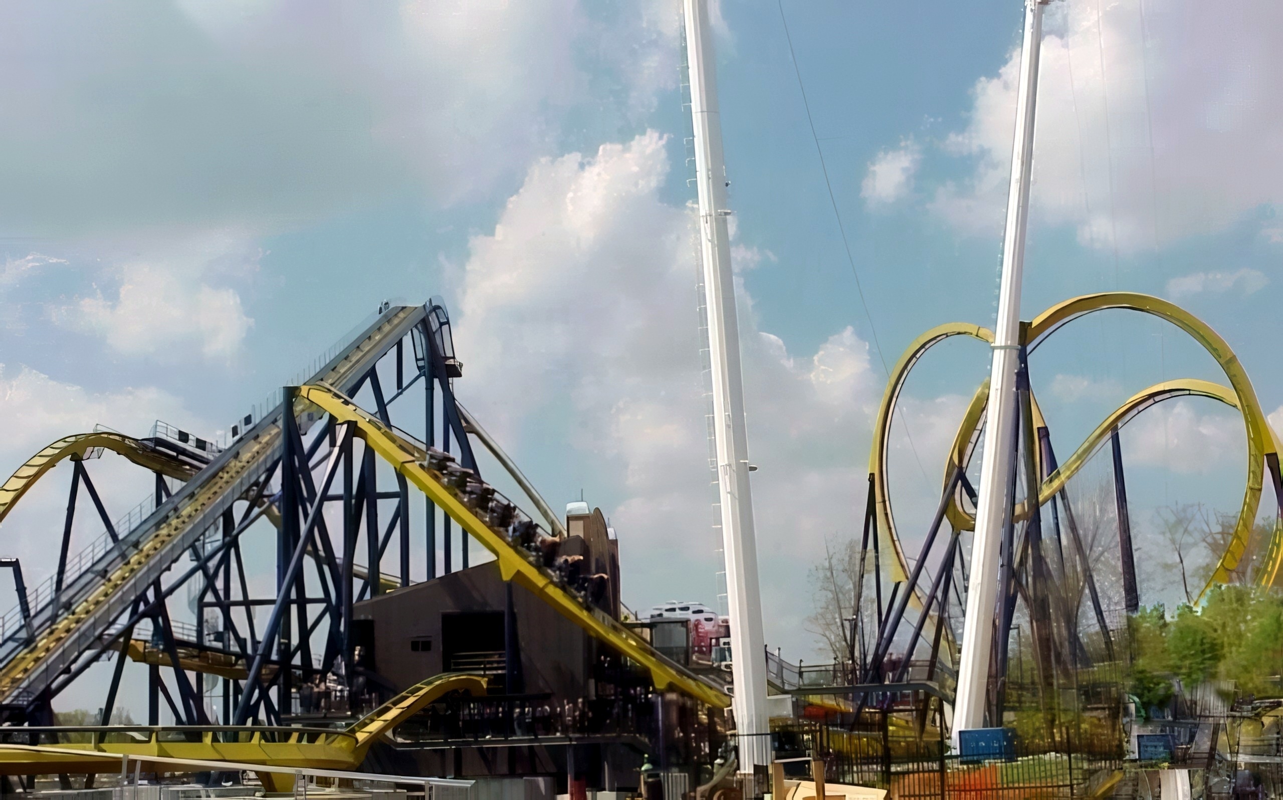 Batman Knight Flight's lift hill and vertical loop beside the drop towers at Geauga Lake, May 2000