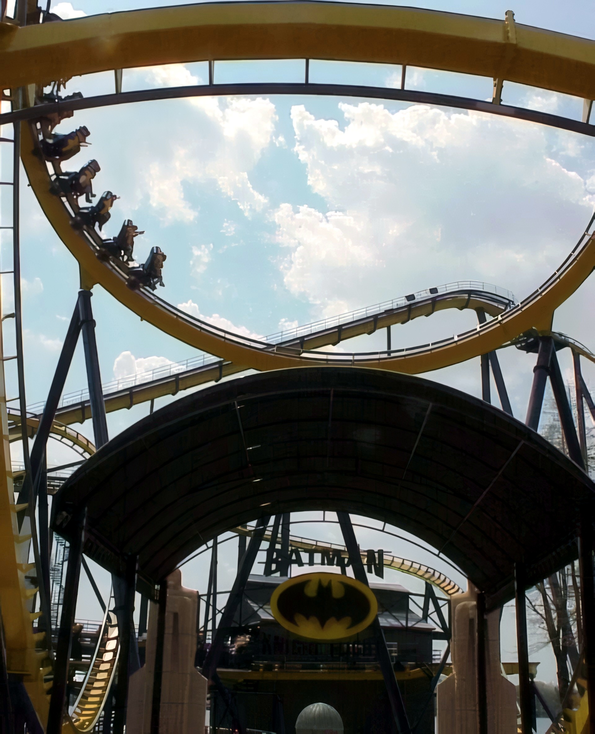 A view of the Batman Knight Flight entrance beneath the track at Geauga Lake, May 2000