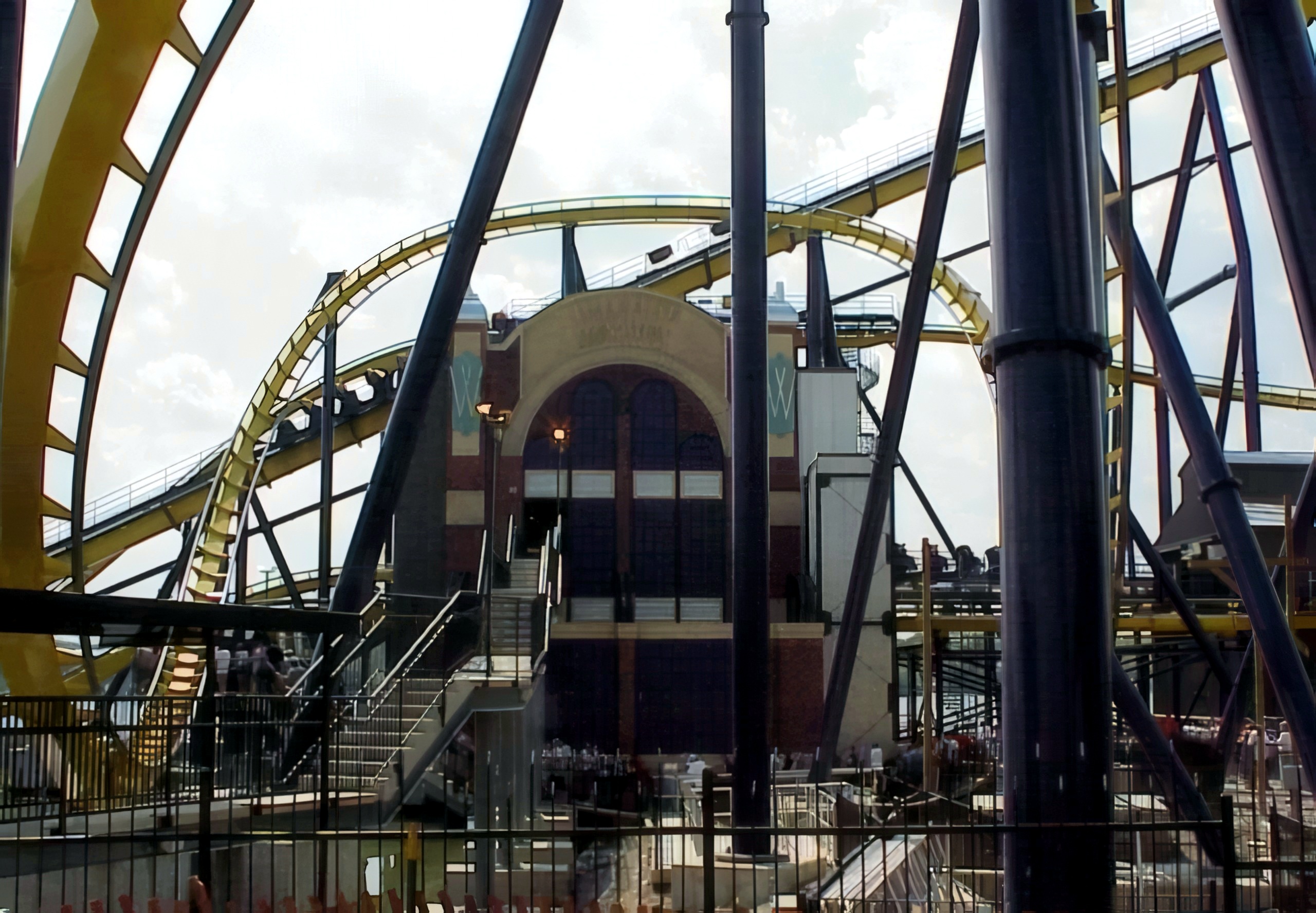 Batman Knight Flight's track over the themed station at Geauga Lake, May 2000