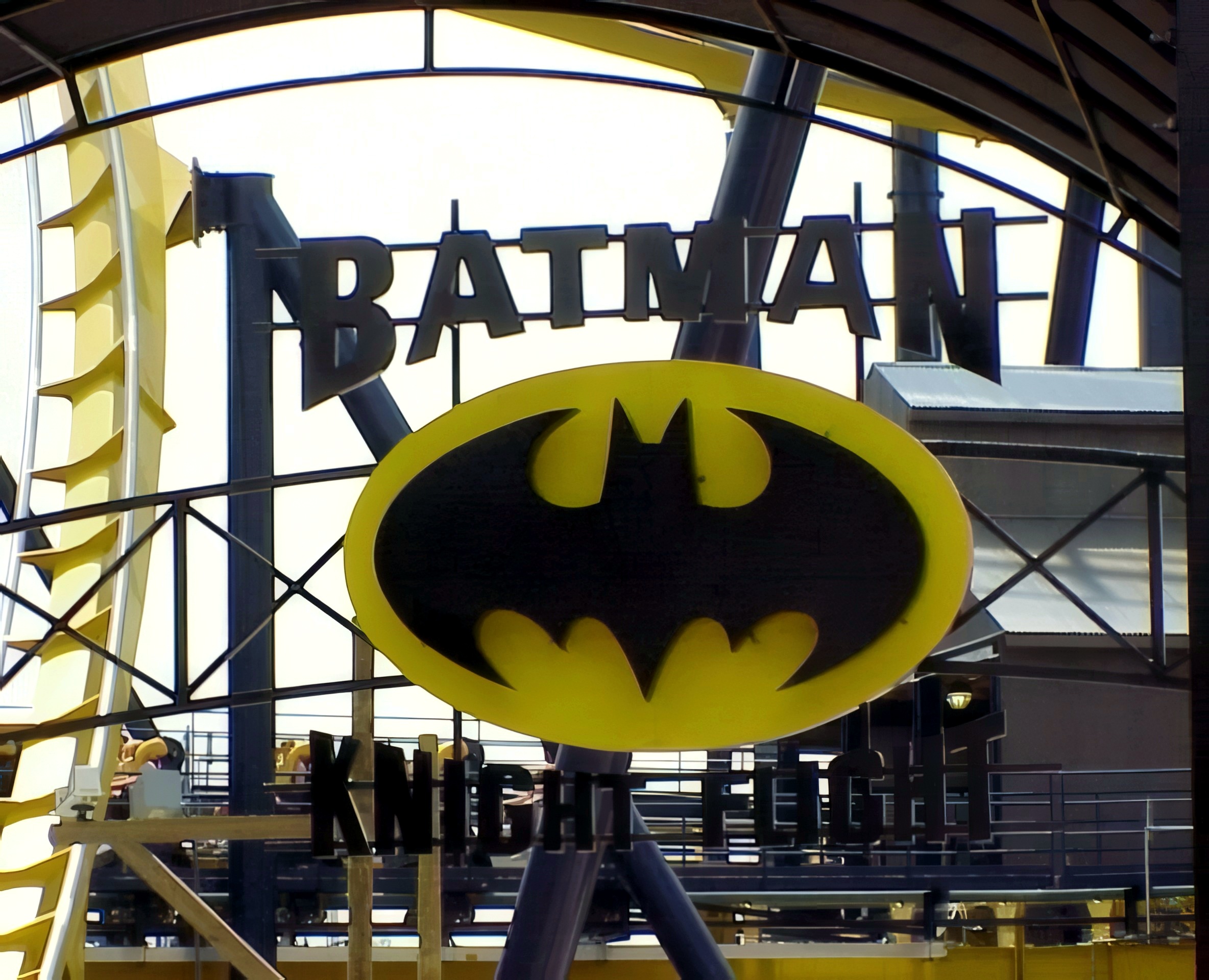 The Batman Knight Flight sign beneath the track at Geauga Lake, May 2000