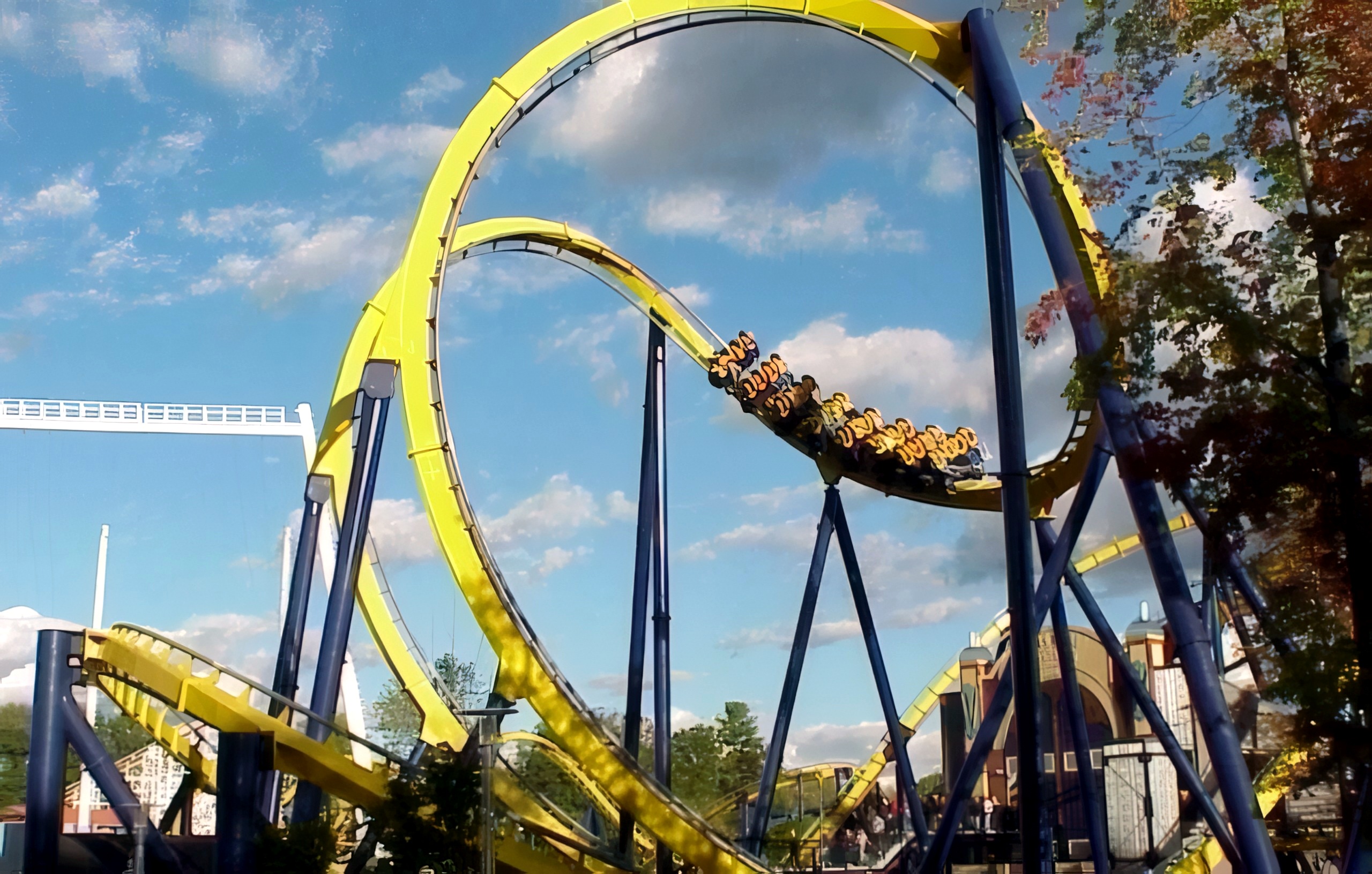 A Batman Knight Flight train inside the cobra roll at Geauga Lake, May 2000