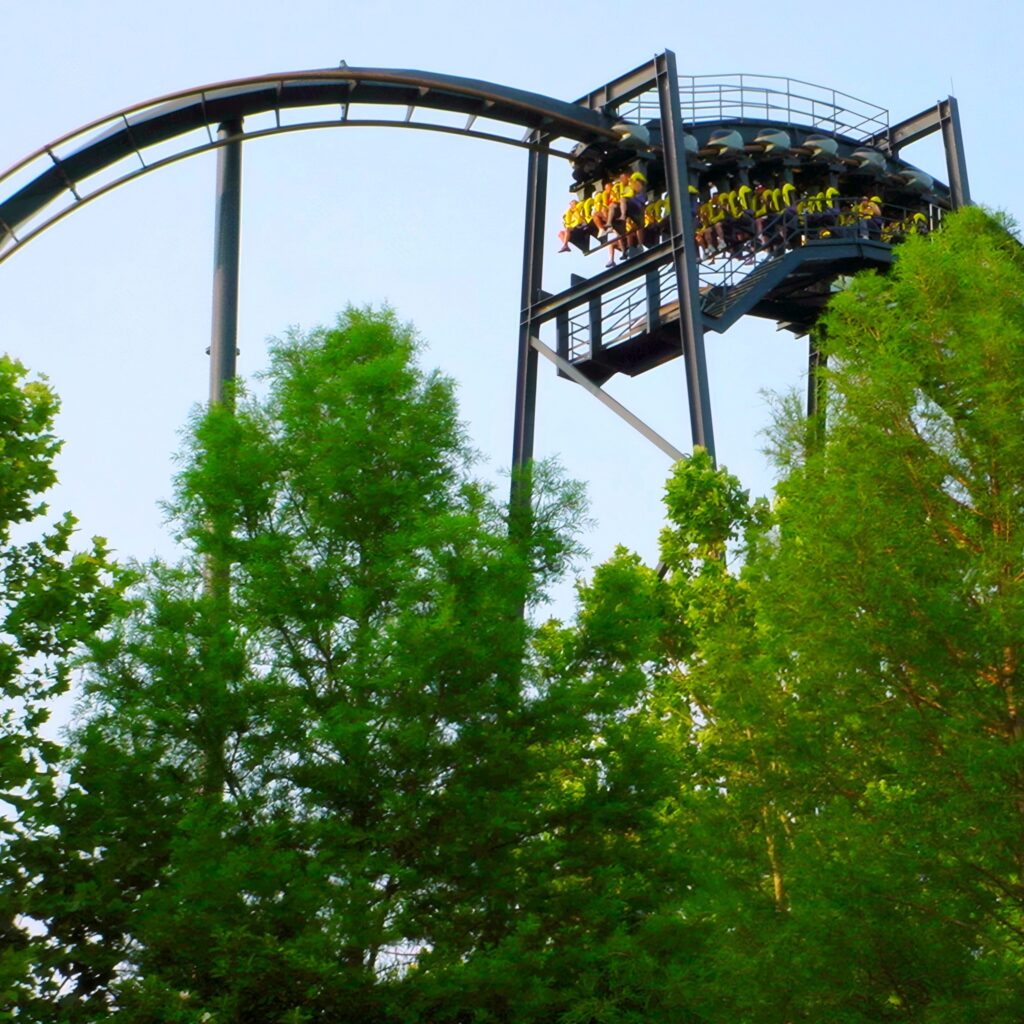 Batman: The Ride at Six Flags St. Louis: riders dangling through the vertical loop
