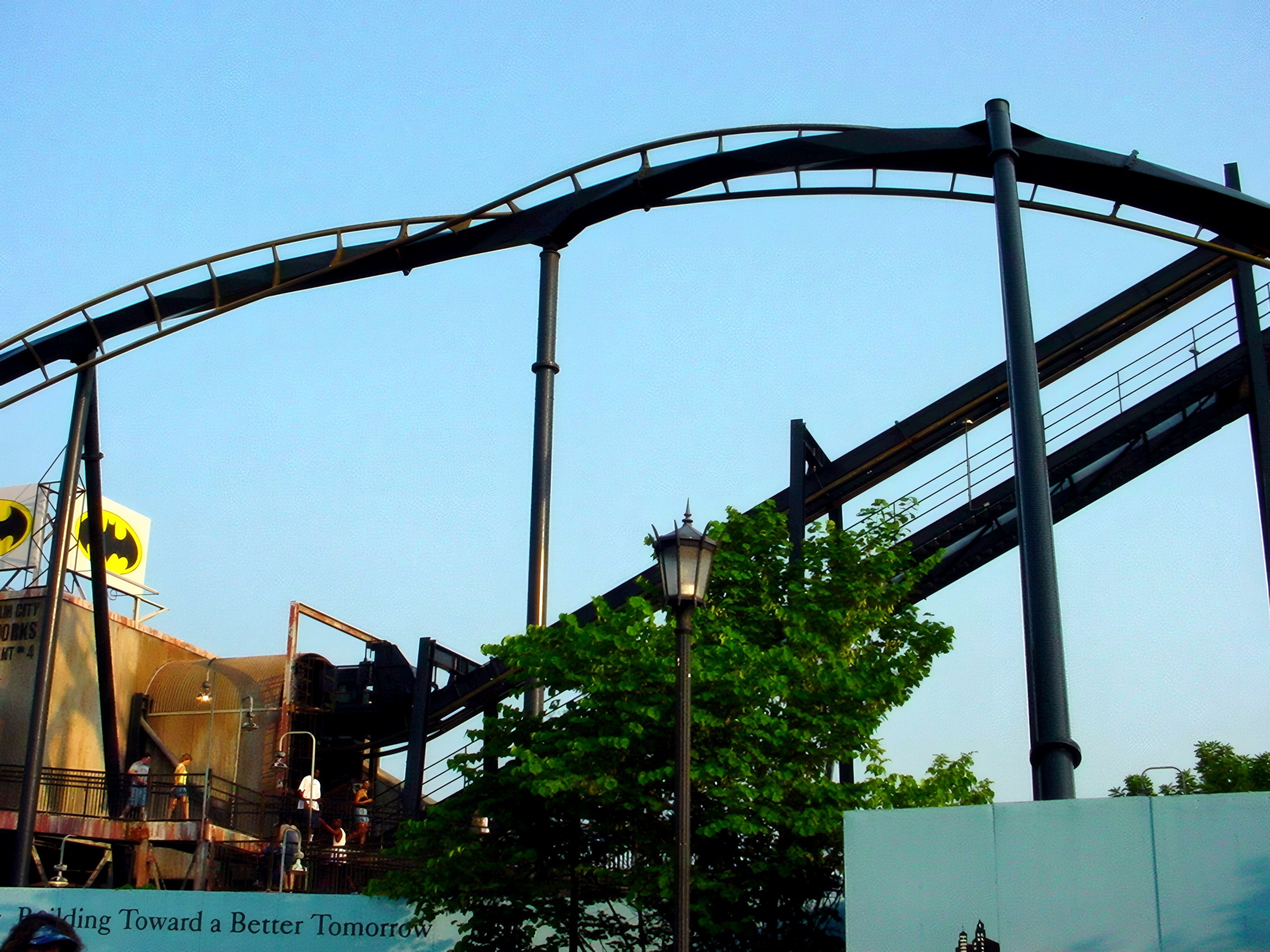 Batman: The Ride's track above the themed signage at Six Flags St. Louis, June 2002