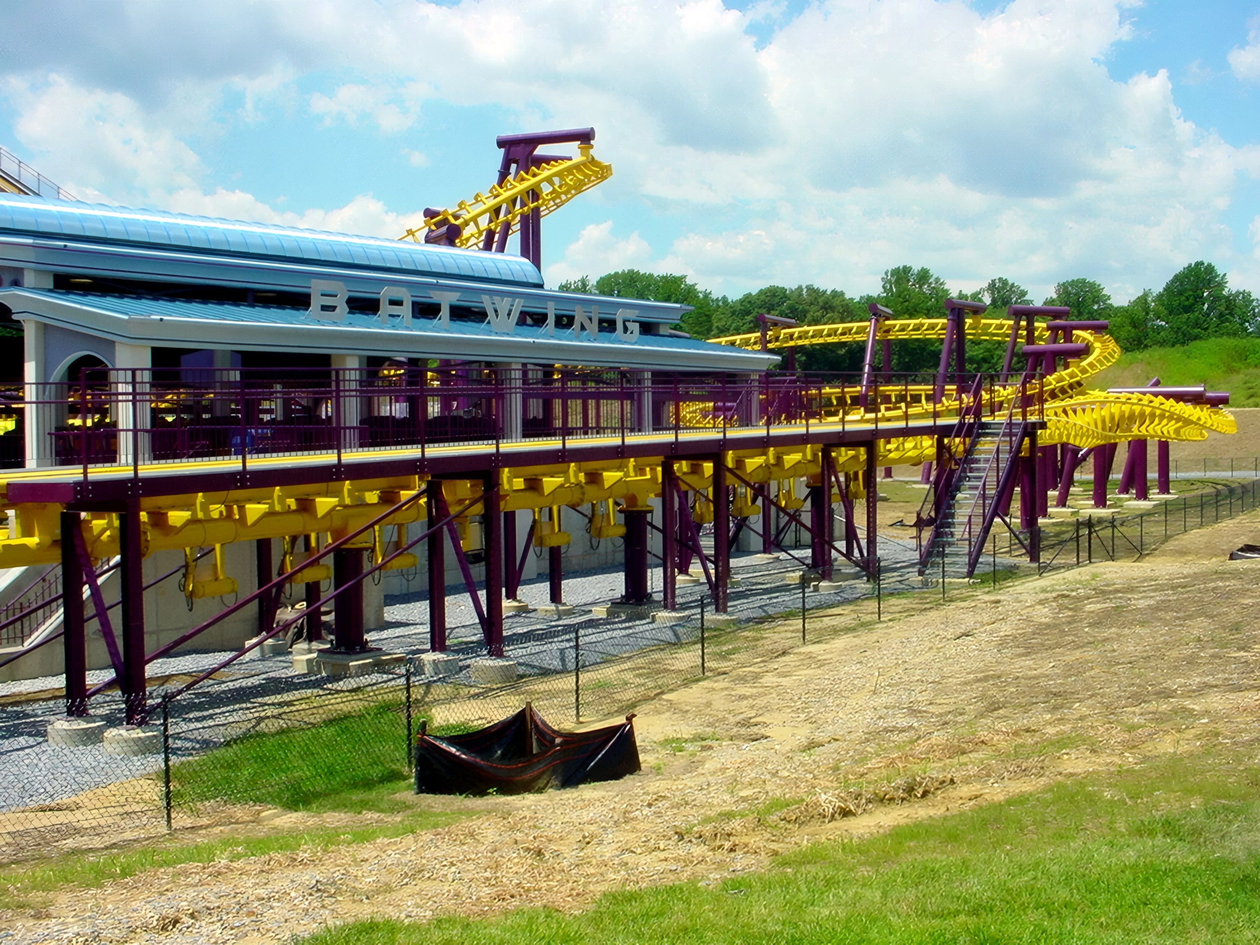 The Batwing station and brake run along the fence at Six Flags America, July 2001