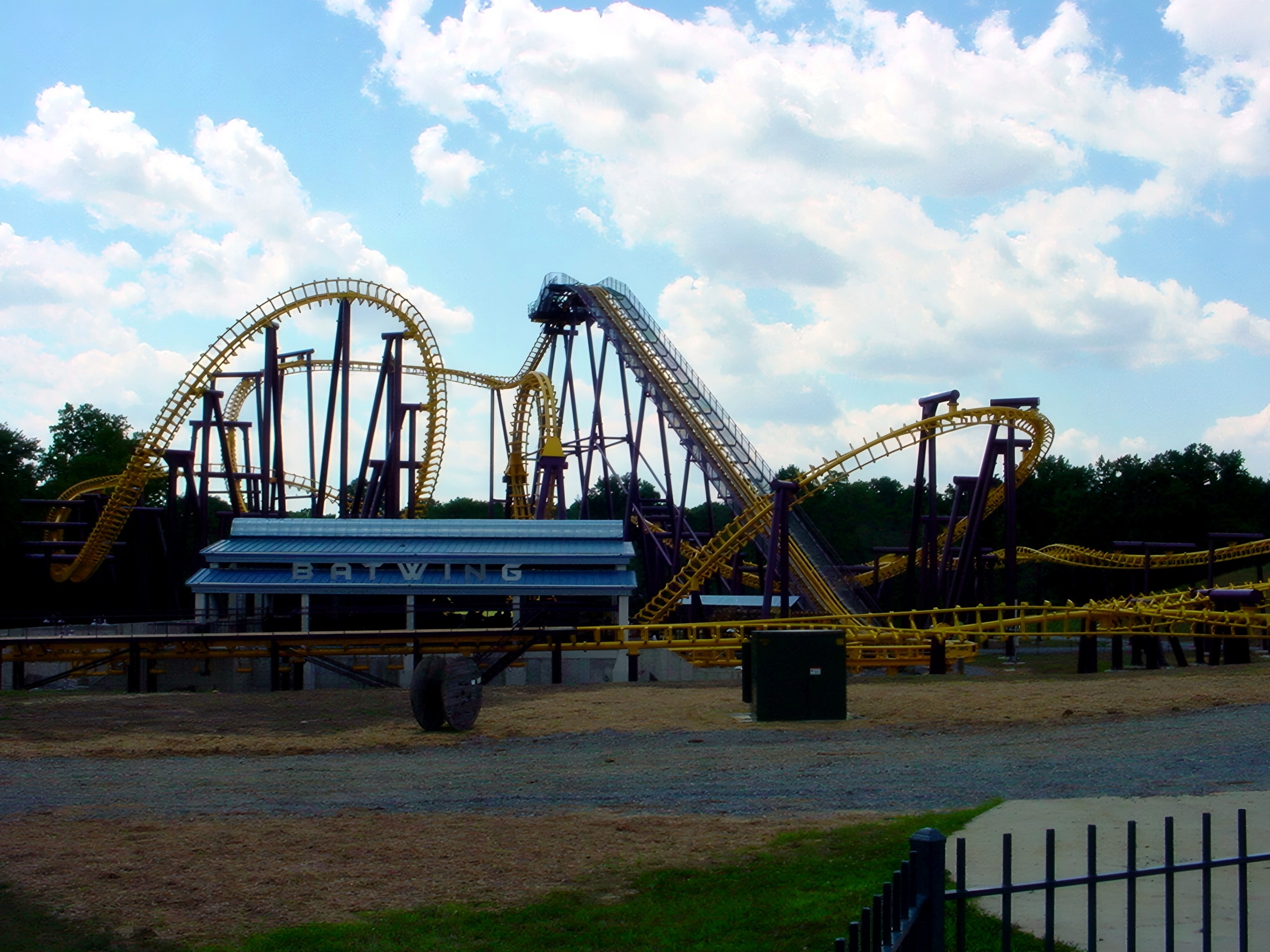 The Batwing station and lift hill seen from the parking lot at Six Flags America, July 2001