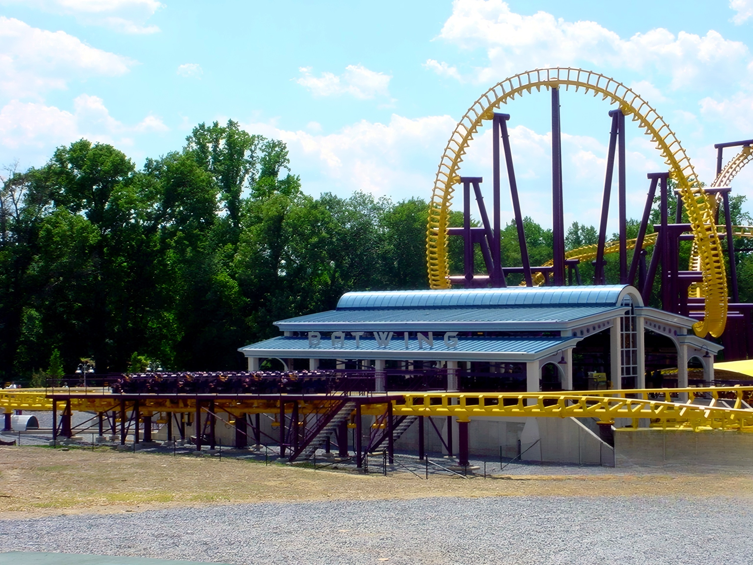 The Batwing station and vertical loop from the parking lot at Six Flags America, July 2001
